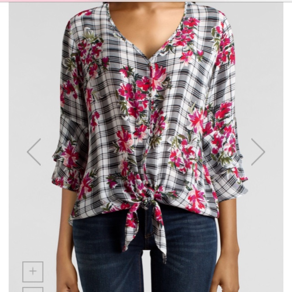 Wishful park floral plaid tie front top